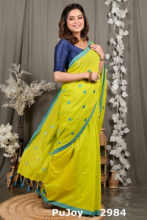 Lime Green Pure Cotton Dhrli Embroidery Handloom saree (2984)