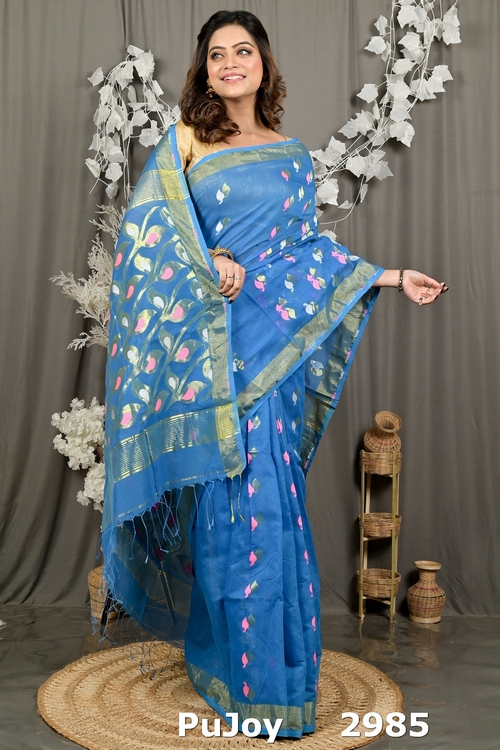 Sky Blue Cotton Blend Dhrum Hand Loom Saree (2985)
