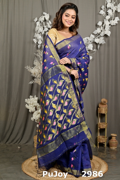 Naby Blue Cotton Blend Dhrum Hand Loom Saree (2986)