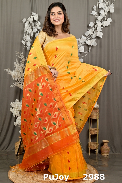 Yellow Red Cotton Blend Dhrum Hand Loom Saree (2988)