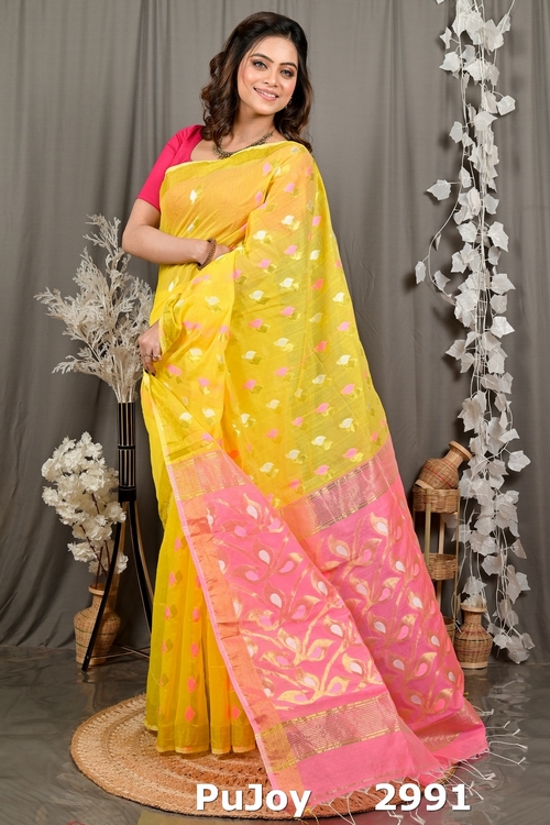 Yellow Pink Cotton Blend Dhrum Hand Loom Saree (2991)
