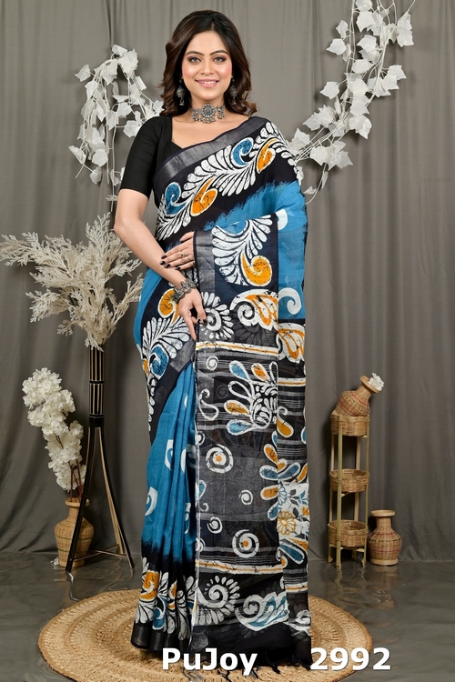 Sky Blue Black Pure Cotton Dinesi Batik Print Saree (2992)