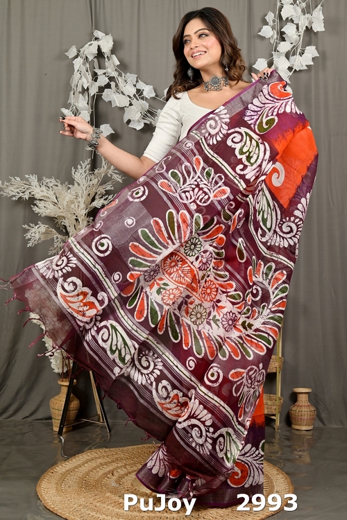 Orange Purpel Pure Cotton Dinesi Batik Print Saree (2993)