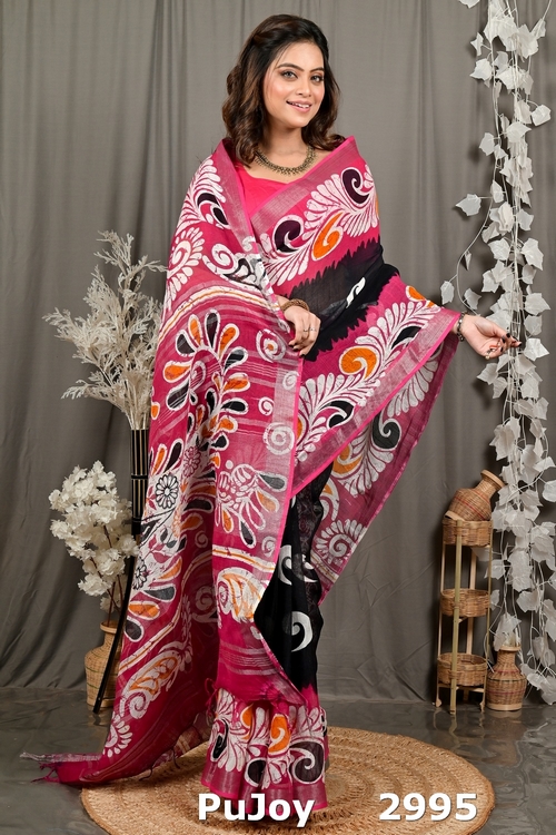 Purpel Black Pure Cotton Dinesi Batik Print Saree (2995)