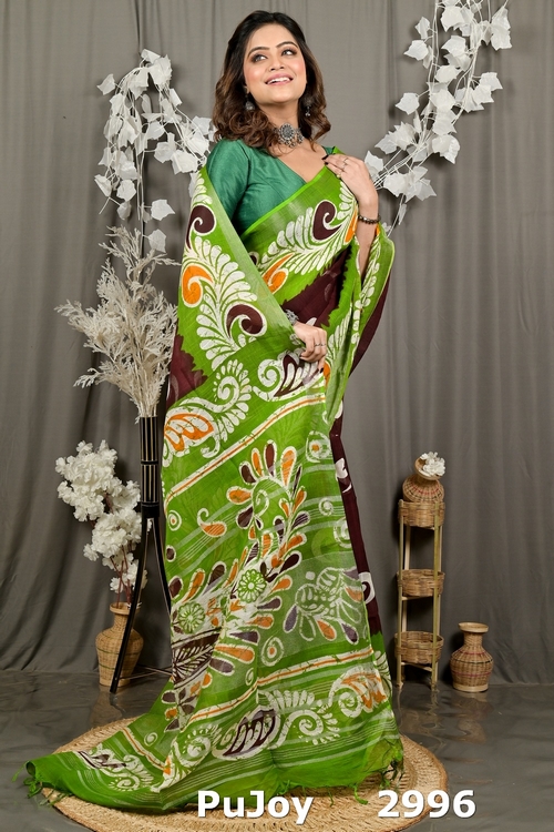 Green Brown Pure Cotton Dinesi Batik Print Saree (2996)