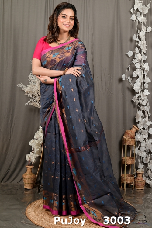 Grey Cotton Dipani Hand Loom Saree (3003)