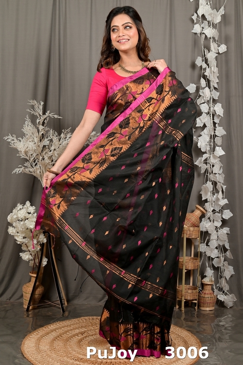 Black Cotton Dipani Hand Loom Saree (3006)