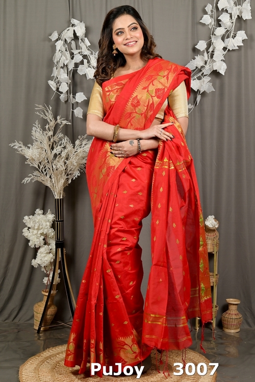 Red Cotton Dipani Hand Loom Saree (3007)