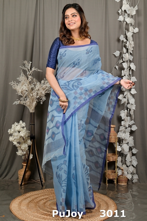 Light Blue Pure Cotton Dipui Tant Saree Print (3011)