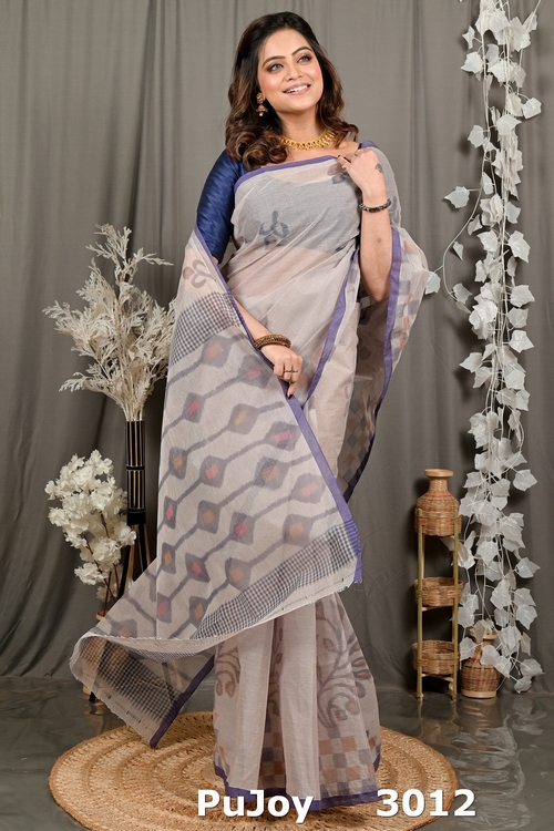 Light Brown Pure Cotton Dipui Tant Saree Print (3012)