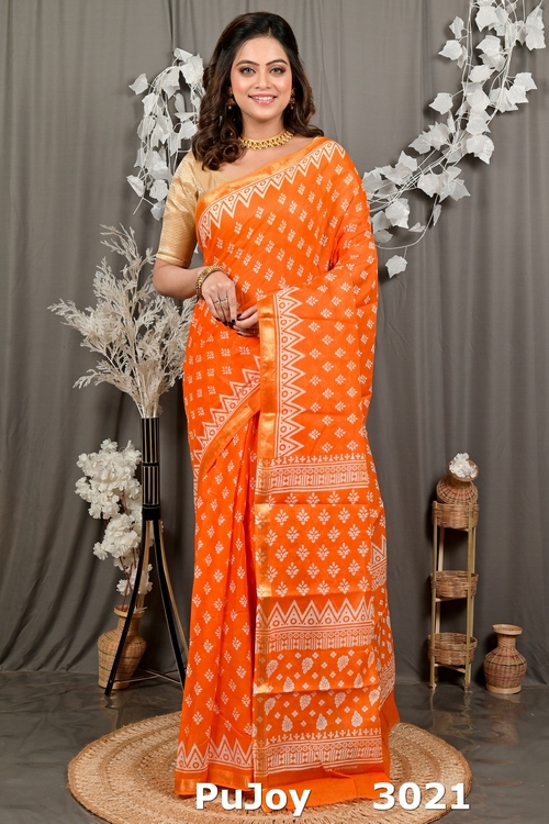 Orange Pure Cotton Febasi Batik Print Saree (3021)
