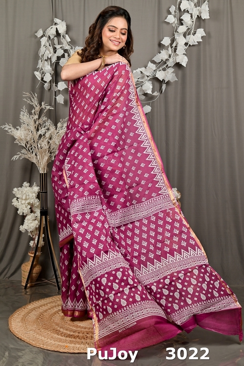 Purpel Pure Cotton Febasi Batik Print Saree (3022)