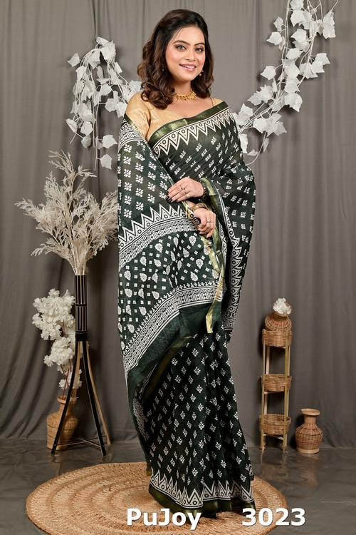 Dark Green Pure Cotton Febasi Batik Print Saree (3023)