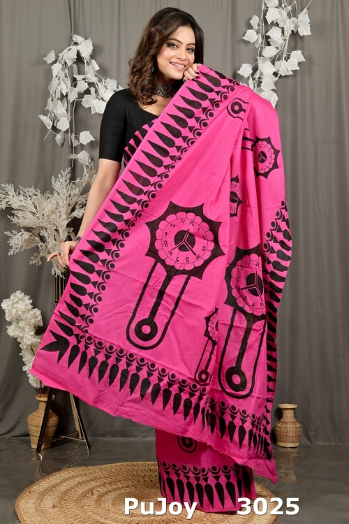 Dark Pink Pure Cotton Febui Printed Handloom Saree (3025)