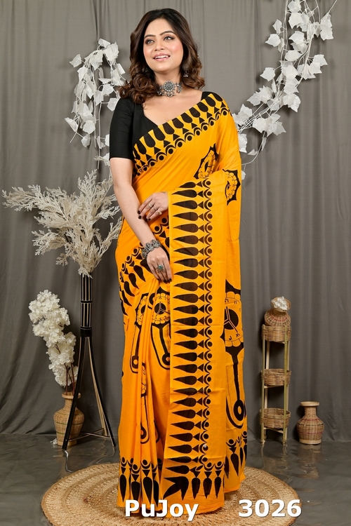 Yellow Pure Cotton Febui Printed Handloom Saree (3026)