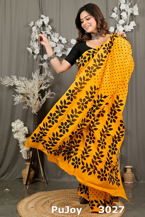 Yellow Pure Cotton Febuitwo Printed Handloom Saree (3027)