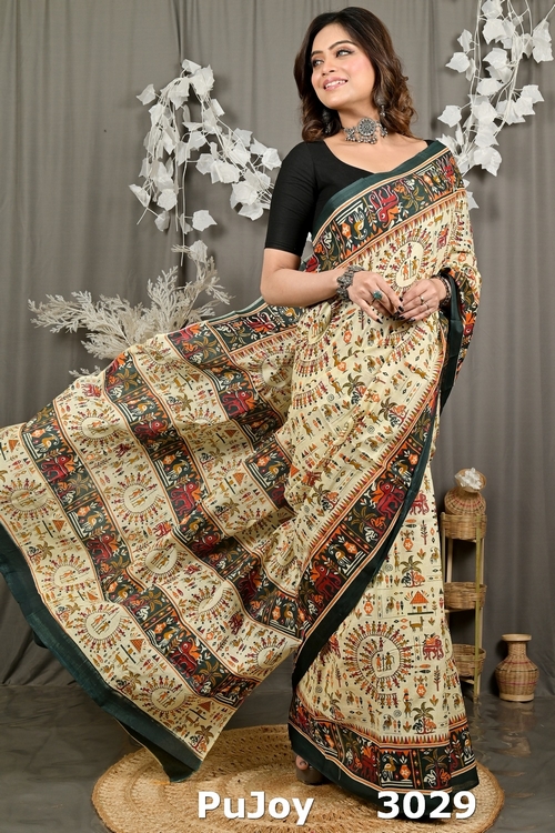 Off White Green Pure Cotton Feepsi Kalamkari Printed Saree (3029)