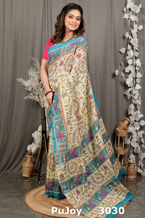 Off White Blue Pure Cotton Feepsi Kalamkari Printed Saree (3030)