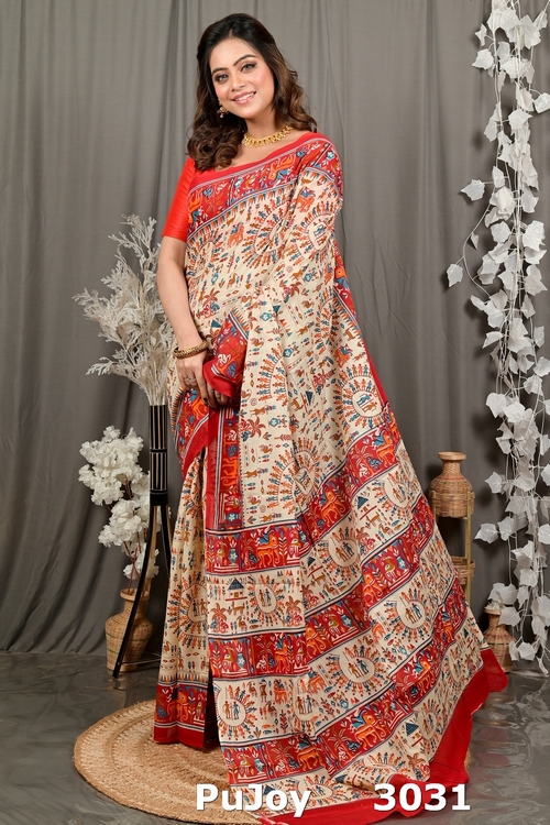 Off White Red Pure Cotton Feepsi Kalamkari Printed Saree (3031)