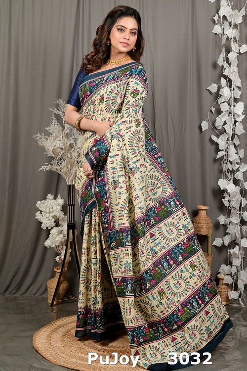 Off White Blue Pure Cotton Feepsi Kalamkari Printed Saree (3032)