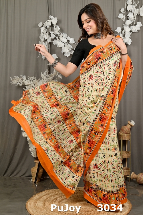 Off White Orange Pure Cotton Feepsi Kalamkari Printed Saree (3034)