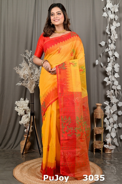 Yellow Red Pure Cotton Fevai Jamdani Saree (3035)