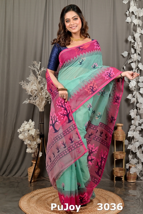 Green Purple Pure Cotton Fevai Jamdani Saree (3036)