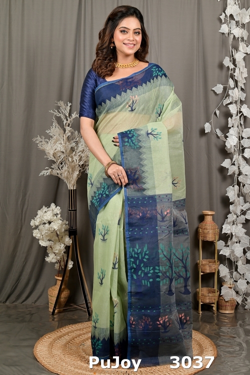 Light Green Blue Pure Cotton Fevai Jamdani Saree (3037)