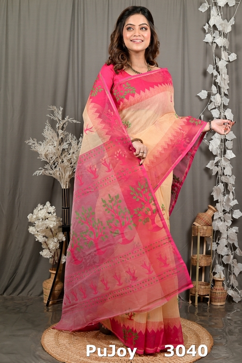 Creame Pink Pure Cotton Fevai Jamdani Saree (3040)