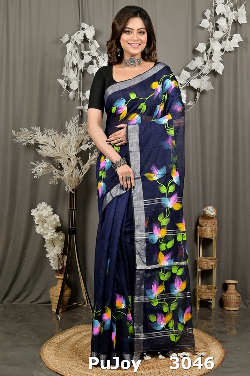 Blue Blended Cotton Finesi Hand Painted Saree (3046)