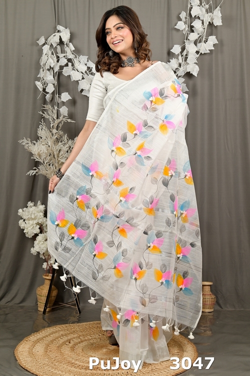 White Blended Cotton Finesi Hand Painted Saree (3047)