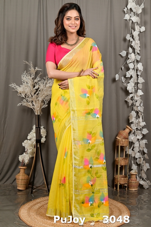 Yellow Blended Cotton Finesi Hand Painted Saree (3048)