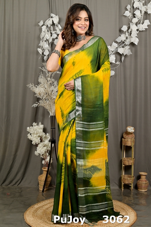Yellow Green Pure Cotton Finui Hand Loom Saree (3062)