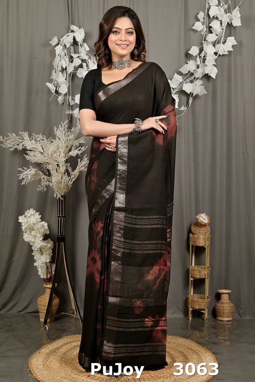 Black Pure Cotton Finui Hand Loom Saree (3063)