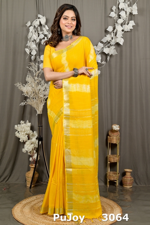 Yellow Pure Cotton Finui Hand Loom Saree (3064)