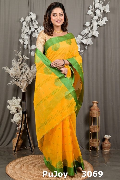 Yellow Green Pure Cotton Fipani Tant Saree (3069)