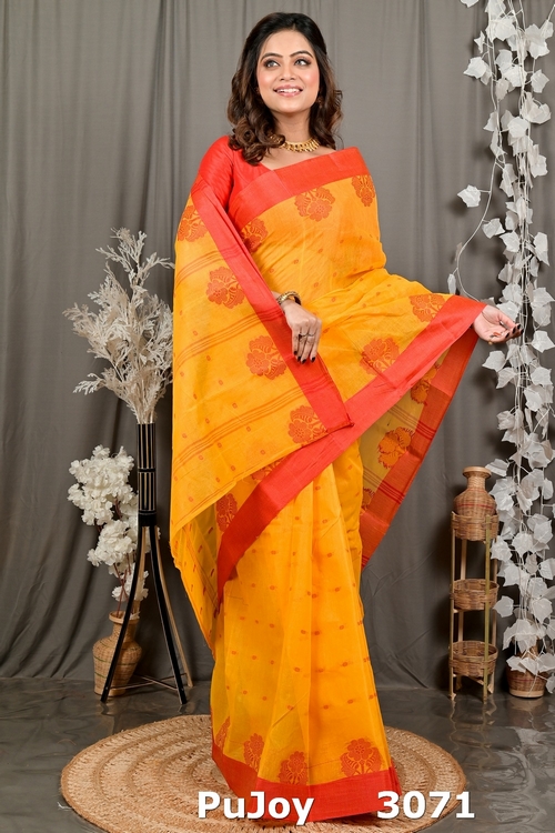 Yellow Red Pure Cotton Fipani Tant Saree (3071)