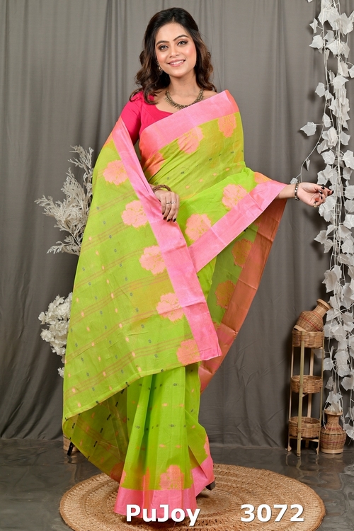 Light Green Pink Pure Cotton Fipani Tant Saree (3072)