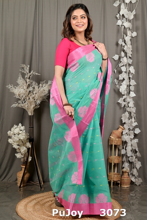 See Green Pure Cotton Fipani Tant Saree (3073)