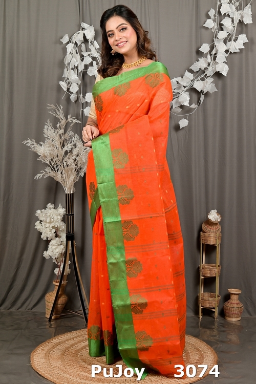Orange Green Pure Cotton Fipani Tant Saree (3074)