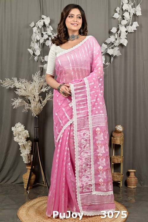 Baby Pink Blended Cotton Fipui Jamdani Saree (3075)