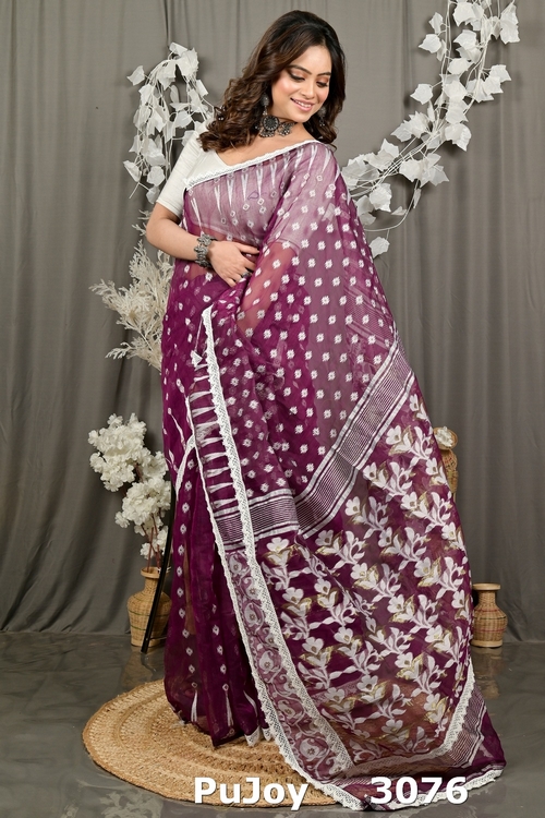 Purpel Blended Cotton Fipui Jamdani Saree (3076)