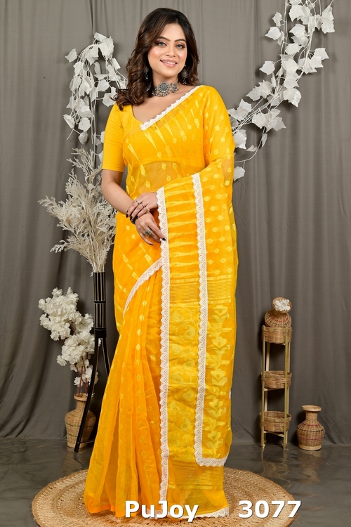 Yellow Blended Cotton Fipui Jamdani Saree (3077)