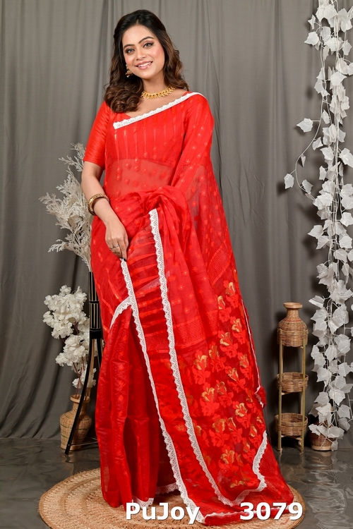 Red Blended Cotton Fipui Jamdani Saree (3079)