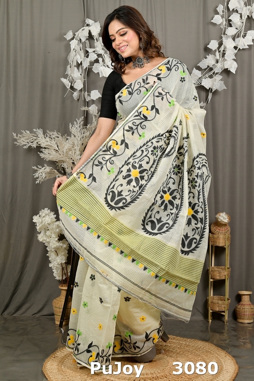 Off white Black Cotton Fivani Jamdani Saree (3080)