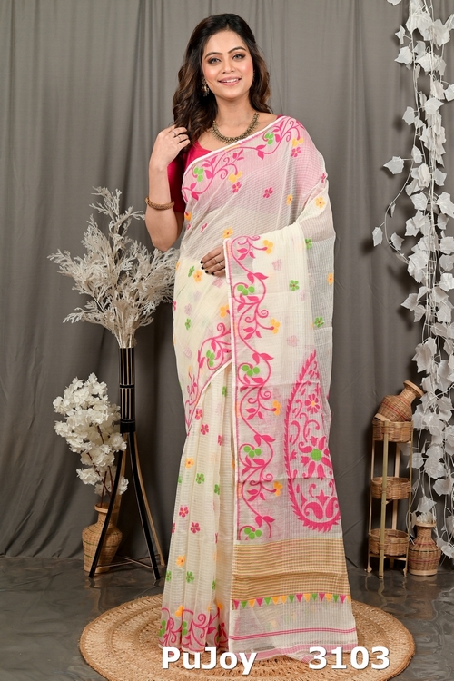 Off White Pink Cotton Fivani Jamdani Saree (3103)