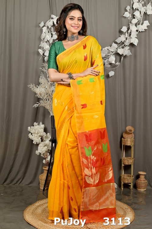 Yellow Red Blended Cotton Foyani Hand Loom Saree (3113)