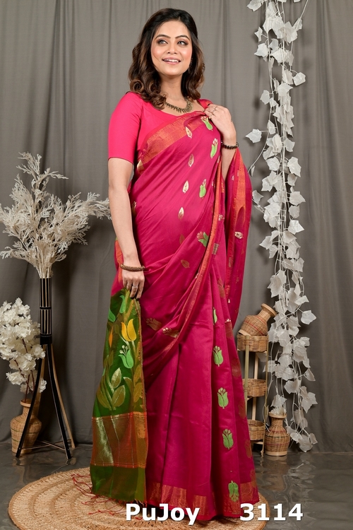 Purple Green Blended Cotton Foyani Hand Loom Saree (3114)