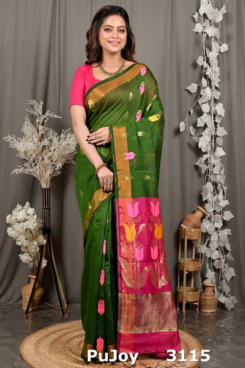 Dark Green Purpel Blended Cotton Foyani Hand Loom Saree (3115)