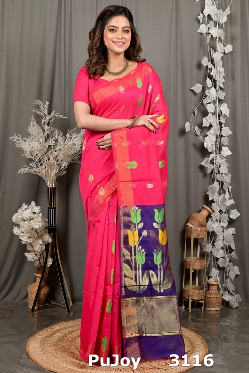 Pink Purple Blended Cotton Foyani Hand Loom Saree (3116)